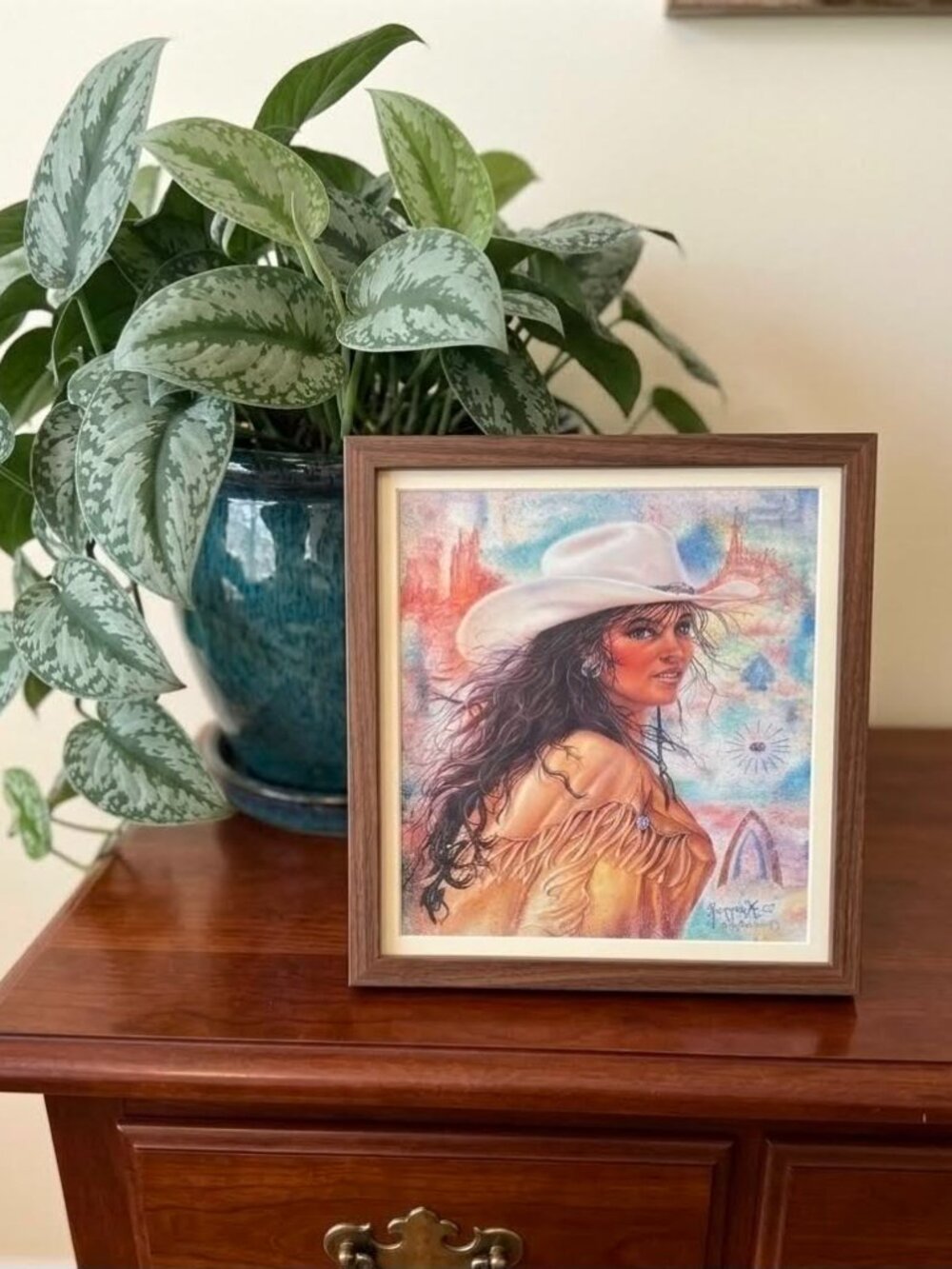 Vtg 1993 Jonnie K. Kostoff Western Cowgirl Signed Lacquered Wood Plaque #87